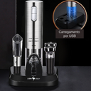 Abridor de vinho elétrico inox com base, cortador, bico dosador e rolha a vácuo – recarregável por USB