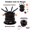 Kit fondue completo com 11 peças, ideal para 6 pessoas, com panela e rechaud.