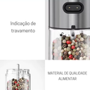 Moedor de pimenta elétrico USB com corpo em inox e silo transparente – prático e sofisticado para cozinhar