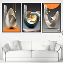 Kit com 3 quadros abstratos geométricos, tons de cinza e laranja, tamanho 50x30, ideal para decoração moderna de salas.