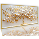 Quadro decorativo Árvore da Vida 110x70 com pétalas brancas e douradas, ideal para salas sofisticadas.