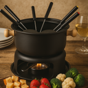 Kit fondue completo com 11 peças, ideal para 6 pessoas, com panela e rechaud.
