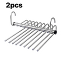Cabide dobrável de aço inox com múltiplas hastes, ideal para organizar calças e otimizar o espaço do guarda-roupa.