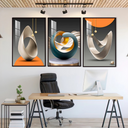 Kit com 3 quadros abstratos geométricos, tons de cinza e laranja, tamanho 50x30, ideal para decoração moderna de salas.