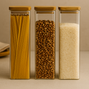 Kit com 3 potes de vidro quadrado 1L com tampa de bambu — elegância, verticalidade e vedação na medida certa.