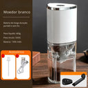 Moedor elétrico de café portátil branco com recarga USB e ajuste de moagem