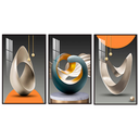 Kit com 3 quadros abstratos geométricos, tons de cinza e laranja, tamanho 50x30, ideal para decoração moderna de salas.