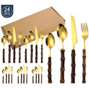 Jogo de talheres inox com cabos de bambu natural escuro, conjunto 16/24 peças