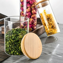 Kit com 5 potes de vidro com tampa de bambu de 650ml a 1750ml — sofisticação funcional para organizar sua cozinha.