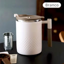 Canecas térmicas com design moderno em branco e bege, ideais para café ou cappuccino, com tampa e alça ergonômica