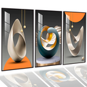 Kit com 3 quadros abstratos geométricos, tons de cinza e laranja, tamanho 50x30, ideal para decoração moderna de salas.