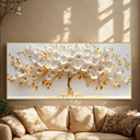 Quadro decorativo Árvore da Vida 110x70 com pétalas brancas e douradas, ideal para salas sofisticadas.