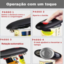 Abridor elétrico de latas com 1 toque e corte seguro – ideal para todas as idades, compacto e fácil de usar