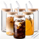 Conjunto com 6 copos de vidro 380ml, tampa de bambu e canudo. Ideal para drinks, caipirinhas e cafés gelados.
