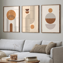 Kit com 3 quadros abstratos geométricos em tons de terracota, moldura de madeira com ou sem vidro, ideal para sala moderna.