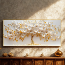 Quadro decorativo Árvore da Vida 110x70 com pétalas brancas e douradas, ideal para salas sofisticadas.