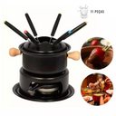 Kit fondue completo com 11 peças, ideal para 6 pessoas, com panela e rechaud.