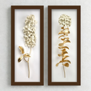 Kit com 2 quadros florais dourado e branco, moldura em madeira, vidro incolor, ideal para lavabo, sala, corredor ou cozinha.
