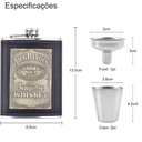 Kit de bolso com cantil 8oz, copo inox e funil. Revestido em couro e embalagem de presente elegante. Compacto e sofisticado.
