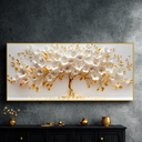 Quadro decorativo Árvore da Vida 110x70 com pétalas brancas e douradas, ideal para salas sofisticadas.