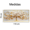 Quadro decorativo Árvore da Vida 110x70 com pétalas brancas e douradas, ideal para salas sofisticadas.