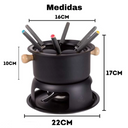 Kit fondue completo com 11 peças, ideal para 6 pessoas, com panela e rechaud.