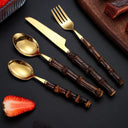 Jogo de talheres inox com cabos de bambu natural escuro, conjunto 16/24 peças