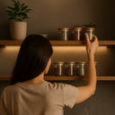 Porta temperos com tampa de bambu em ambiente sofisticado de cozinha moderna