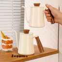 Bule Inox Chaleira Gooseneck Branco Off 550ml com Cabo de Madeira e Termômetro para Café e Chá Casa Splendida