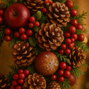 Detalhe da Guirlanda de Natal Casa Splendida – pinhas naturais, frutinhas vermelhas e maçãs decorativas com toque de neve