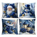 Capa de almofada de Natal azul com estampa de bonecos de neve e detalhes brancos, tamanho 45x45cm.