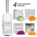 Ralador profissional de legumes em inox com 4 lâminas intercambiáveis e alça antiderrapante.