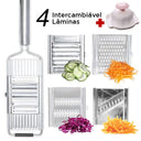 Ralador profissional de legumes em inox com 4 lâminas intercambiáveis e alça antiderrapante.