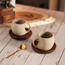 Caneca vintage cerâmica 220ml com pires de bambu minimalista