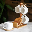 Conjunto com 6 canecas cerâmica 190ml suporte bambu e porta-copos