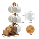 Conjunto com 6 canecas cerâmica 190ml suporte bambu e porta-copos