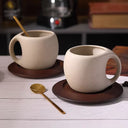 Caneca vintage cerâmica 220ml com pires de bambu minimalista