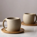 Caneca vintage cerâmica 220ml com pires de bambu minimalista