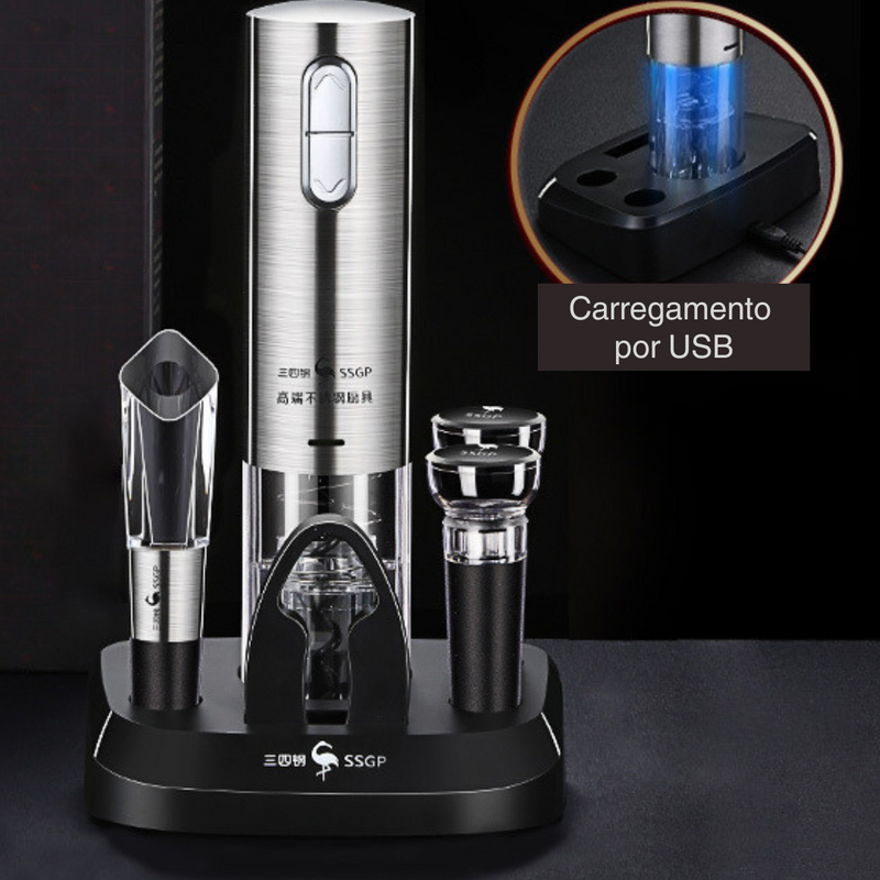 Abridor de vinho elétrico inox com base, cortador, bico dosador e rolha a vácuo – recarregável por USB