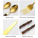 Jogo de talheres inox com cabos de bambu natural escuro, conjunto 16/24 peças