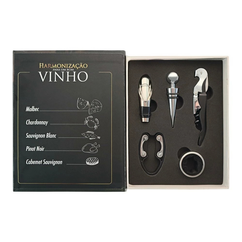 Kit de acessórios para vinho com 5 peças – abridor, corta-lacres, anel salva-gotas, tampa e dosador