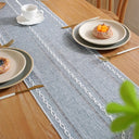 Caminho de mesa verde boho com franjas de algodão e linho, estilo rústico farmhouse, decoração para mesa de jantar