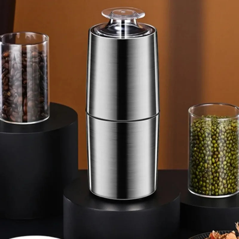 Moedor de café elétrico em aço inox com botão de pressão e lâmina interna para grãos, especiarias e alimentos secos