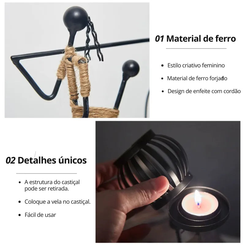 Castiçal personagem minimalista em metal preto com suporte de vela redondo
