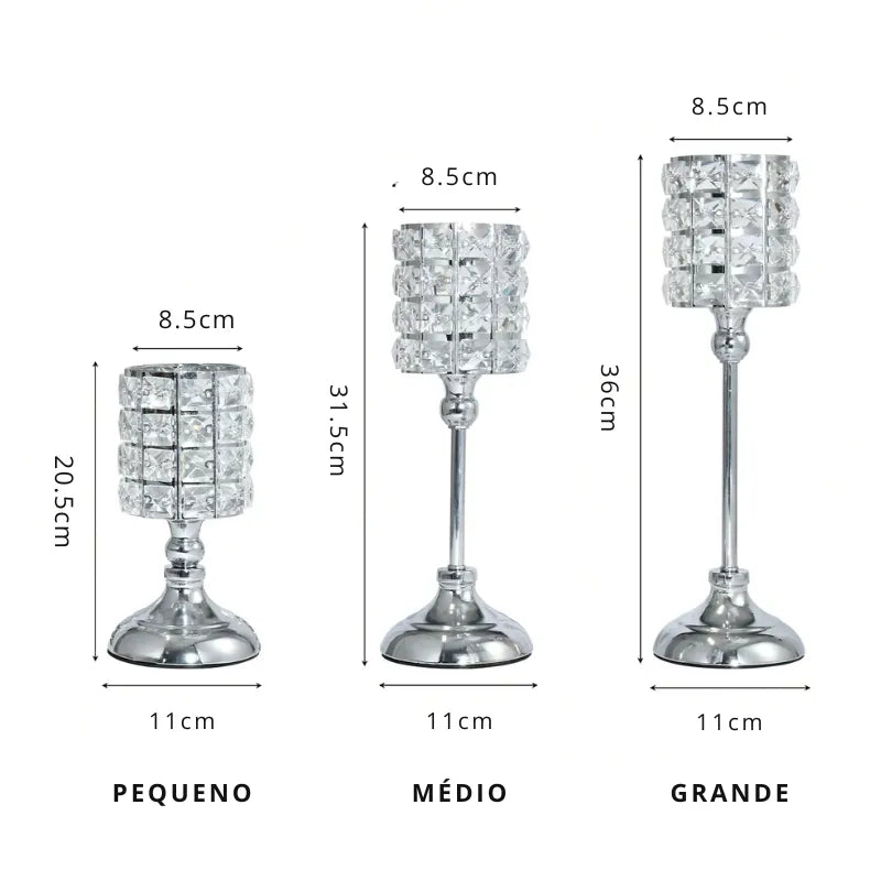 Kit 3 castiçais prata com estrutura de metal e cristais acrílicos lapidados