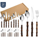 Jogo de talheres inox com cabos de bambu natural escuro, conjunto 16/24 peças