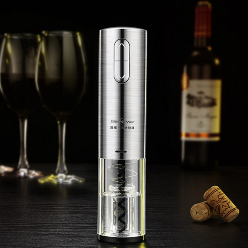Abridor de vinho automático com botão de toque e corpo inox – prático, silencioso e elegante para o dia a dia