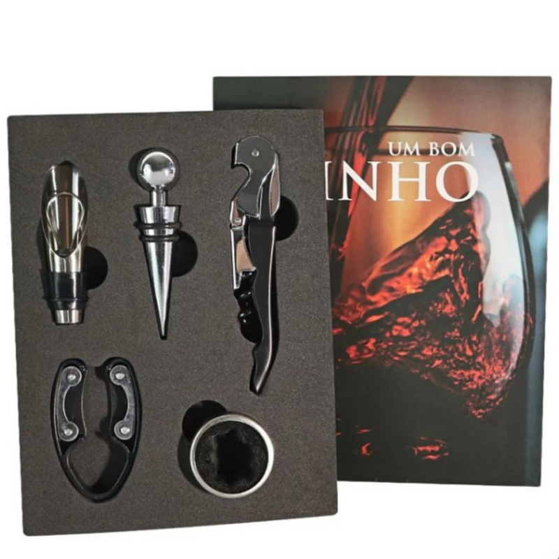 Kit de acessórios para vinho com 5 peças – abridor, corta-lacres, anel salva-gotas, tampa e dosador