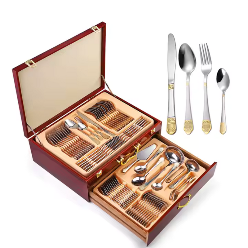 Faqueiro de inox 84 peças banhado a ouro com estojo de madeira