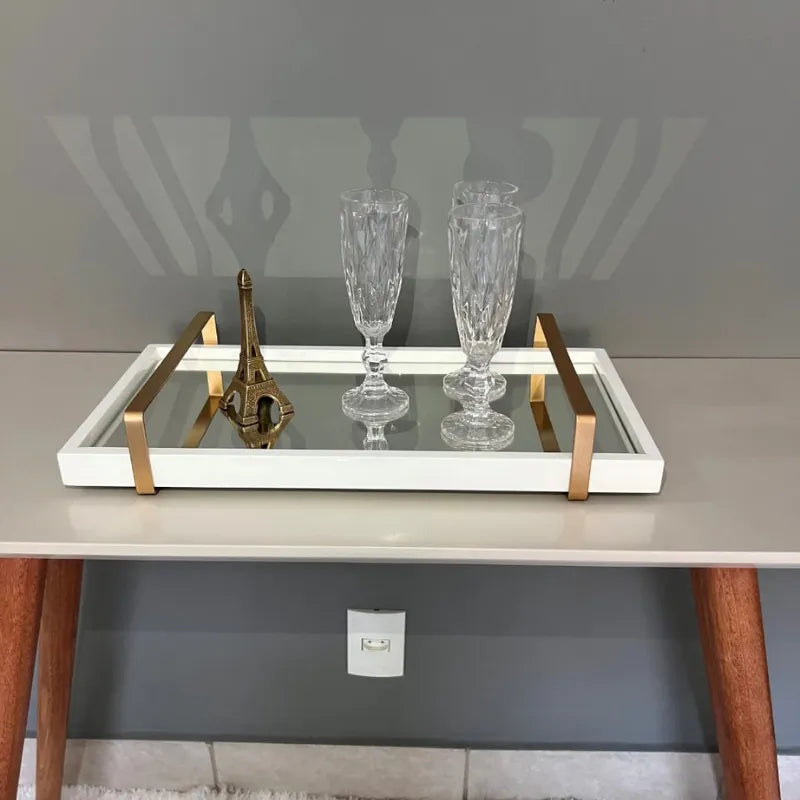 Bandeja decorativa espelhada off white com alças cromadas